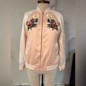 Embroidered Floral Bomber Jacket - Light Pink